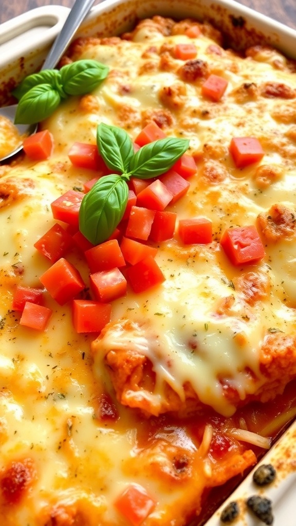 A delicious chicken parmesan casserole with melted cheese and fresh tomatoes, garnished with basil.